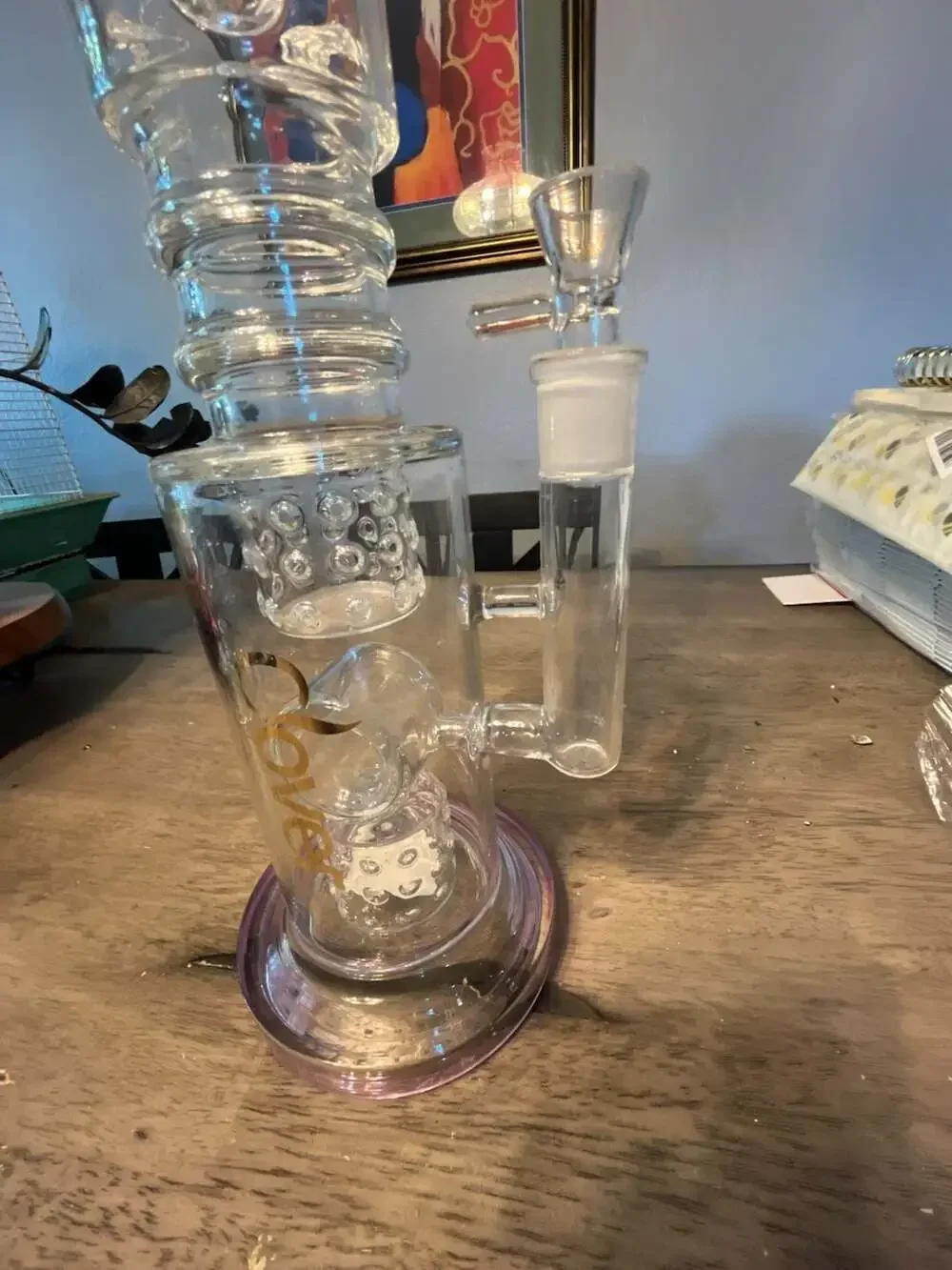 Clover Glass Double Percolator Water Piece with Purple Accent